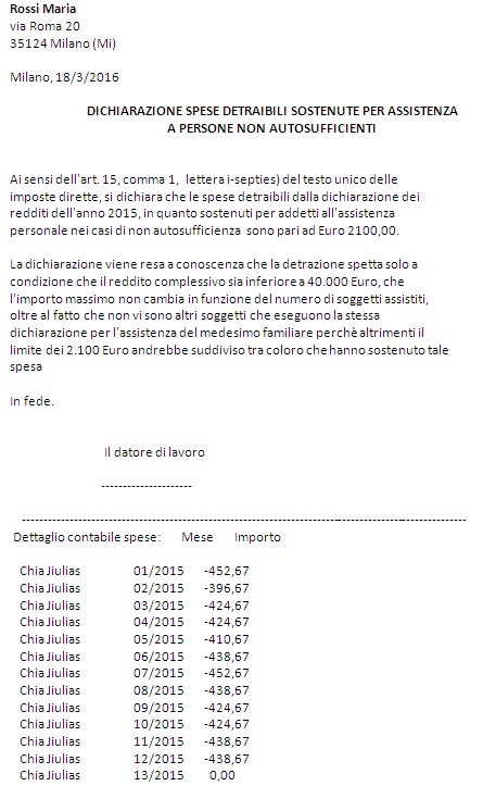 Dichiarazione spese persone non autosufficienti